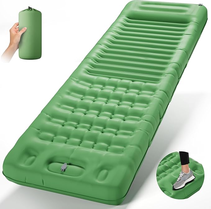INVOKER 5.12" Camping Sleeping Pad with Built-in Foot Pump, Ultralight Inflatable Camping mat, for Camping, Backpacking, Hiking, Car Travel, Tent, Picnic, Beach, Green