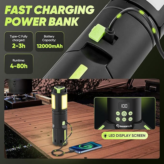 Telescopic Camping Lights with Stand, 5000LM Rechargeable LED Flashlight, 9 Color Modes, Collapsible Tent Lantern with Reflective Strips, Magnetic Base for Power Outages, Camping & Emergency