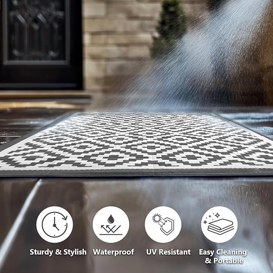 6x9 ft Outdoor Rug Waterproof, Plastic Straw Patio Carpet - UV Resistant Reversible Indoor Outdoor Rugs for Porch, Camping, Poolside, RV, Balcony, Easy to Clean, Black and White