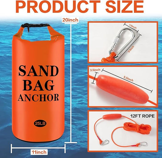 25LB Sand Anchor Bags, Waterproof Dry Bags, 2-in-1 Jet Ski Anchor Bag Kit with Adjustable Buoy for Small Boat Jetski Power Watercrafts Canoes and Kayaks