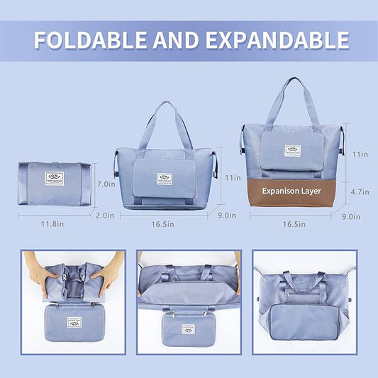 ZGWJ Expandable Travel Duffel Tote Bag - Foldable Overnight Weekender, Carry-On, Swim & Gym Bag - Fits Spirit Airlines Personal Item Size - Lightweight, Waterproof & Durable with Trolley Sleeve,Blue
