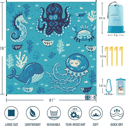 Beach Blanket Sandproof Waterproof 78''×81''1-5Adults Oversized,Compact Lightweight Durable Beach Mat for Travel Camping Hiking Picnic Blanket