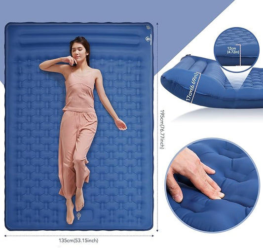 TOMSHOO Double Sleeping Pad, Inflatable Sleeping Mat Built-in Pump Camping Mat Upgraded Support Camping Mattress with Pillow, 2 Carabiner, Carry Bag, Repair Kit-77''L*53''W*5''H