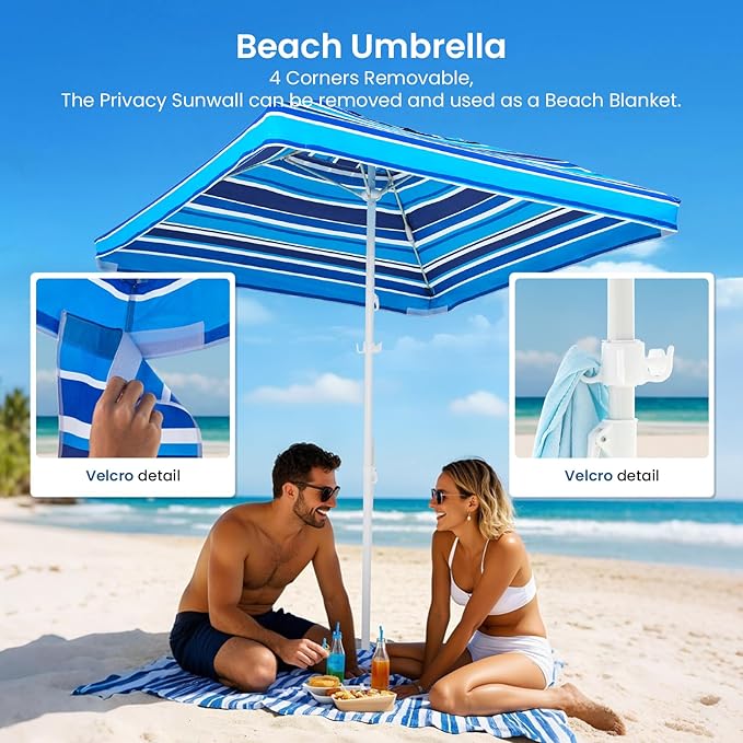 Grandekor Beach Cabana 6'×6' Beach Canopy with Sand Anchor Sidewall Hanging Hook UPF 50+ UV Beach Umbrella Portable Cool Cabana Beach Easy Set up and Take Down with Sand Pockets