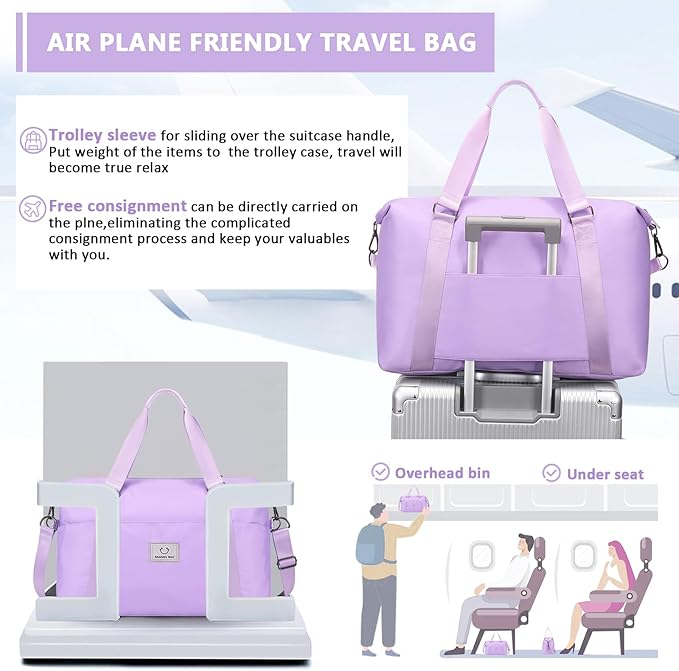 Gym bag for Women, Travel Duffel Bags with Trolley Sleeve, Weekender Overnight Bag, Carry on Tote Bag Dance Bag
