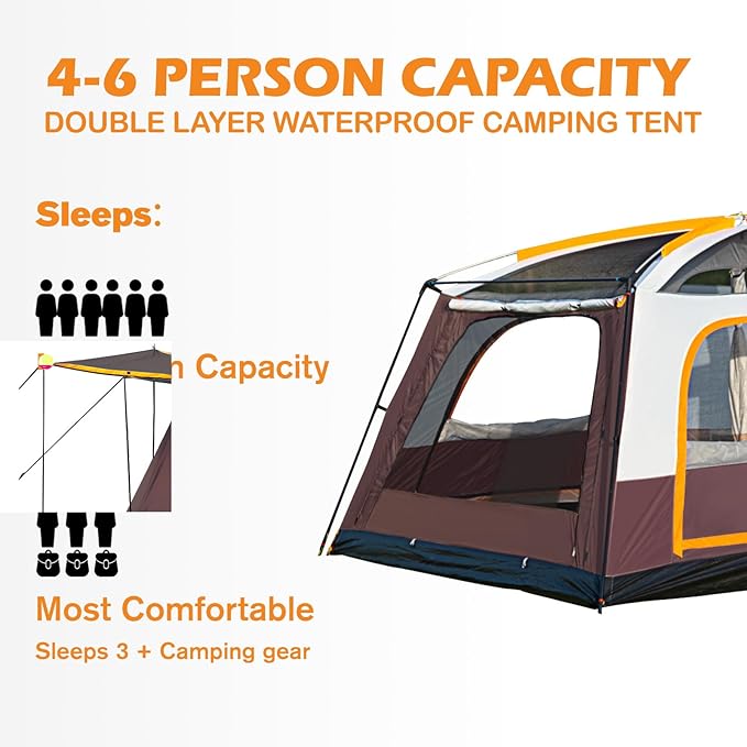 Camping Tent 4-6 Person, Double Layer, Multi-Room Family Cabin Tents with 3 Doors, Mesh Windows, Rainfly & Windproof, Large Waterpoof Tents for Outdoor Camping Hiking Picnic Gathering