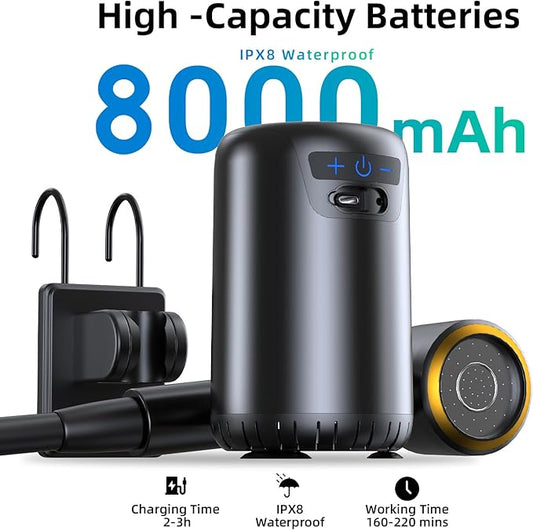 Portable Camping Shower, Upgraded Outdoor Shower with 10 Gear Switching, Fahrenheit Display & 8000mAh Rechargeable Battery Pump IPX8 Waterproof for Camp, Hiking, Car Washing