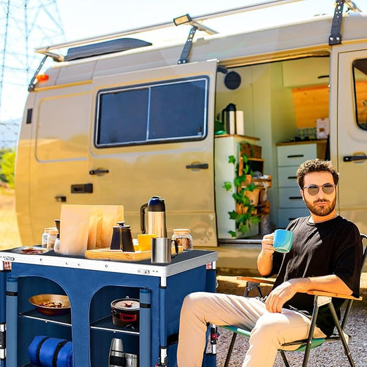 EAGLE PEAK Double Outdoor Folding Camping Table with Large 3-Tier Storage Organizer and Side Pockets, Easy Set Up Portable Aluminum Camping Kitchen, Blue