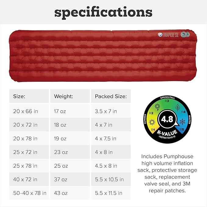 Big Agnes Rapide SL - Insulated Sleeping Pad, Ultralight, All Season Compact Backpacking and Hiking, Pumphouse Sack Included, Orange, 50x78 Tapered