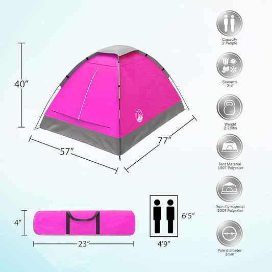 2 Person Camping Tent with Rain Fly and Carrying Bag - Lightweight Outdoor Tent for Backpacking, Hiking, or Beach Use by Wakeman Outdoors (Pink)