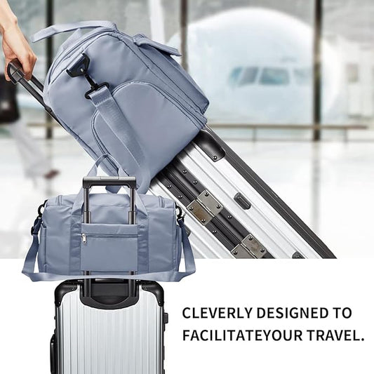 Travel Duffel Tote Bag with Dry Wet Separation Pocket, Weekender Bag for Women and Men,Waterproof Bag with Shoe Compartment Lightweight and Easy Carry on Blue