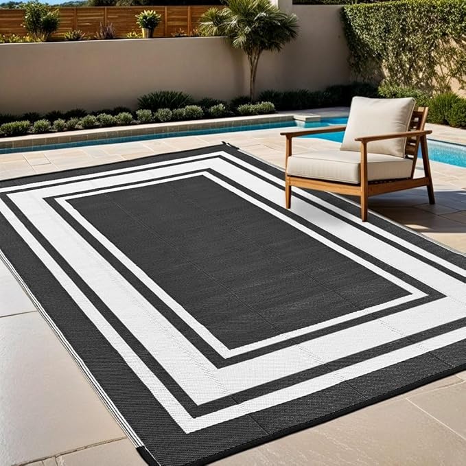 RURALITY Outdoor Rugs 8x10 Waterproof for Patios Clearance,Plastic Straw Mats for Backyard,Porch,Deck,Balcony,Reversible,Black and White