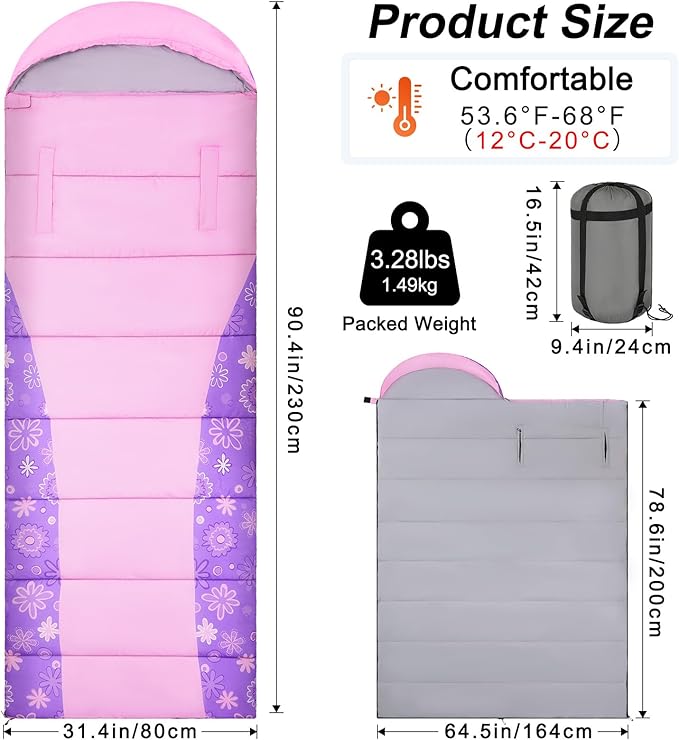 Basumee Sleeping Bags for Adults 3 Season Warm Cool Weather Wearable Camping Sleeping Bag with Compression Bag Portable Backpacking Hiking Camping Essential for Women Men Kids Teens