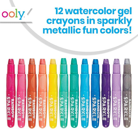 OOLY Rainbow Sparkle Metallic Watercolor Gel Crayons, Set of 12,Glitter Gel Markers for Kids and Toddlers, Colorful Twistable Crayons for School, Drawing - Metallic