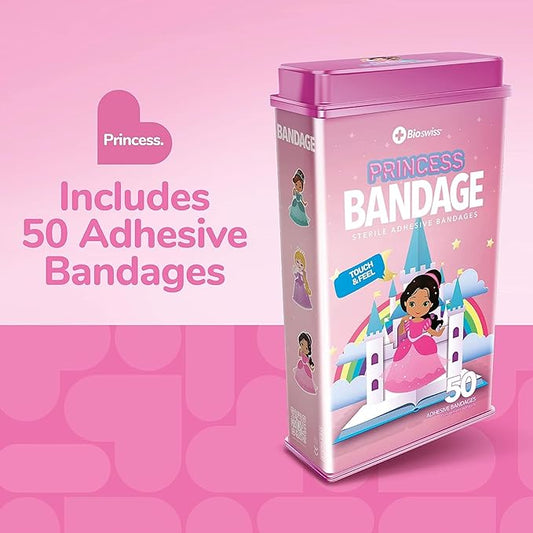 BioSwiss Bandages, Princess Shaped Self Adhesive Bandage, Latex Free Sterile Wound Care, Fun First Aid Kit Supplies for Kids, 50 Count