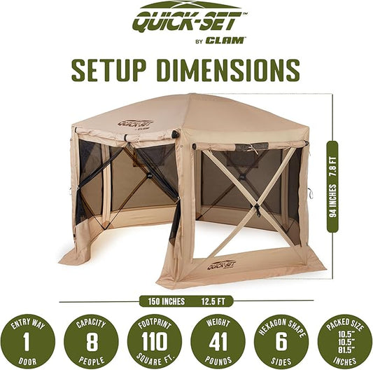 CLAM Pop Up Screen Tent, Outdoor Camping Gazebo Canopy, Pavilion, 12.5', Tan