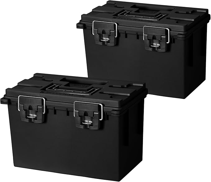 Sheffield 12773 2-Pack XL Ammo Storage Box, Stackable .50 Cal Field Boxes, Water and Dust Resistant, Lockable Storage Box with Handle, Heavy Duty Protection for Hunting Gear, Made in the USA, Black