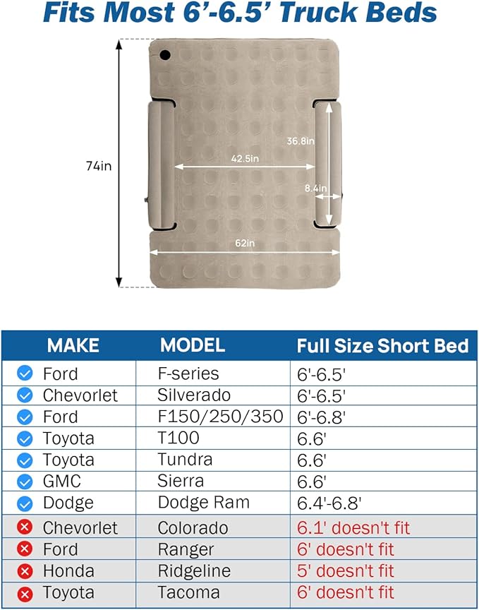 JOYTUTUS Truck Bed Air Mattress for 6.4-6.7Ft, Full Size Regular Beds for Pickup Outdoor Camping, Truck Tent Accessories with Carry Bag & Cup Holder & Cavity Design, Camel&Black