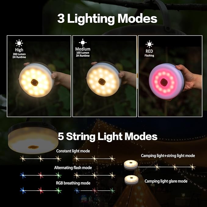Solar Camping String Lights, 4 in 1 Camping String Lights Outdoor(39.4ft) with 8 Lighting Modes, Solar Powered and USB Rechargeable Light with Remote Control for Camping, Yard and Hiking