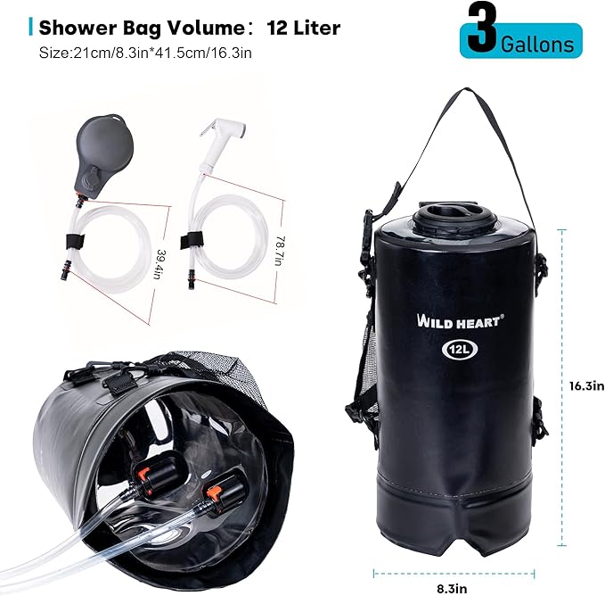 WILD HEART Camping Shower 22L/ 12L Portable Shower for Camping with Pressure Foot Pump and Hose - Solar Shower Bag Backpack for Camping, Road Trip & Outdoor Use