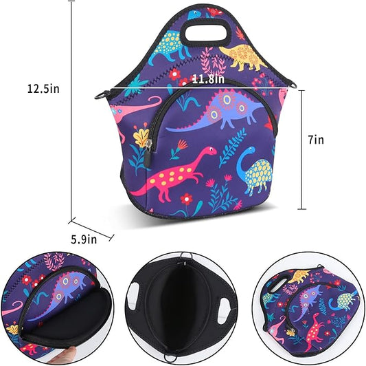 Violet Mist Neoprene Lunch Bag Reusable Insulated Lunch Box with Adjustable Shoulder Strap&Pocket for Women,Men,Adults,Cute Cartoon Dinosaur Snack Bags Blue Anime Work Picnic Travel Tote Food Handbags