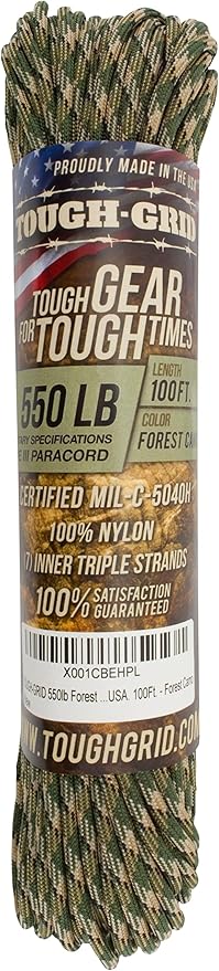 TOUGH-GRID Premium Forest Camo Paracord 550 lbs Made in USA Outdoor Survival Nylon Rope Tactical Heavy Duty Strands Parachute Cord Used by US Military Type III Mil-Spec