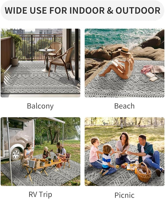 MontVoo Outdoor Rug Carpet Waterproof 9x18 Outdoor Patio Rug Mat Reverisble Plastic Straw Outdoor Rug for RV Camping Picnic Beach Balcony Boho Grey Large