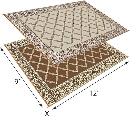 Stylish Camping 119127 9-feet by 12-feet Reversible Mat, Plastic Straw Rug, Large Floor Mat for Outdoors, RV, Patio, Backyard, Picnic, Beach, Camping (Brown/Beige)