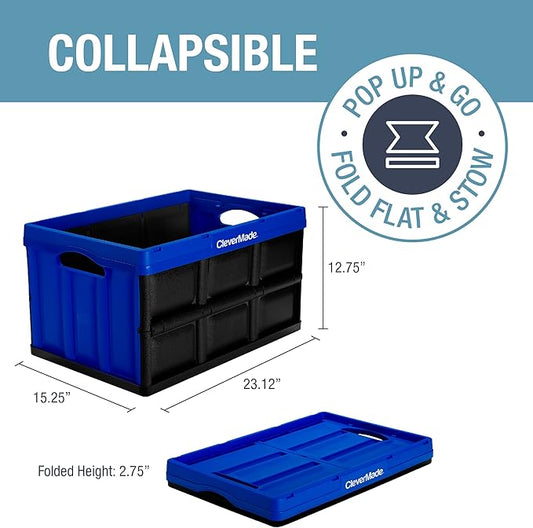 CleverMade Collapsible Storage Bins - Royal Blue 3 Pack 62L - Stackable Containers Heavy Duty Capacity Folding Crates - Space-Saving for Home