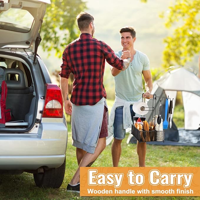 HULISEN Grill Caddy for Outdoor Grill, BBQ Caddy with Paper Towel Holder for Plates, Silverware, Utensils - Picnic & Barbeque & Camping Essentials Accessories for Tailgating, Camper, RV, Backyard