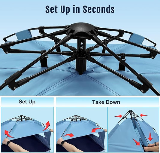WhiteFang Deluxe Pop Up Beach Tent Sun Shade Shelter for 3-4/5-6 Person, UV Protection, Extendable Floor with 3 Ventilating Windows Plus Carrying Bag, Stakes, and Guy Lines