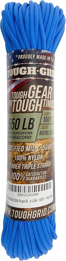 TOUGH-GRID Premium Royal Blue Paracord 550 lbs Made in USA Outdoor Survival Nylon Rope Tactical Heavy Duty Strands Parachute Cord Used by US Military Type III Mil-Spec