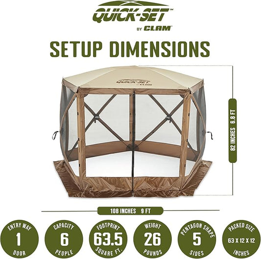 CLAM Venture 9 x 9 Foot Portable Outdoor Gazebo Canopy Camping Tent Shelter, with 3 Wind and Sun Panels and Carry Bag Accessory, Brown