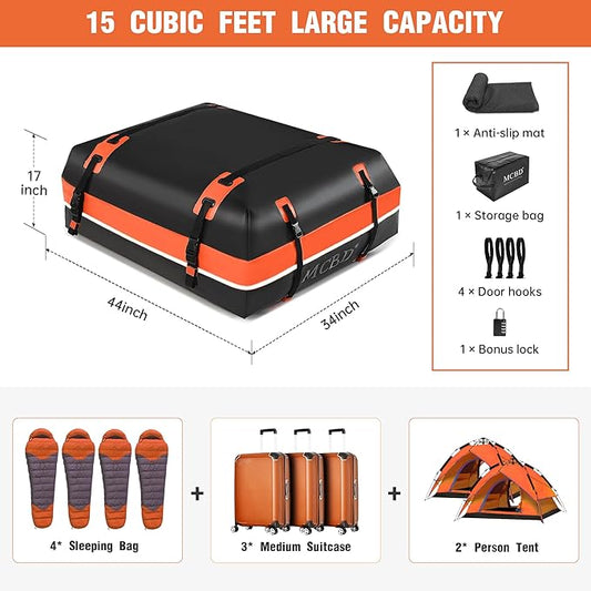 Rooftop Cargo Carrier Bag,15 Cubic Feet Soft-Shell Waterproof Car Roof Luggage Bag for All Vehicles SUV with/Without Rails,Includes 8 Reinforced Straps+4 Door Hooks,Storage Bag,Anti-Slip Mat,Orange