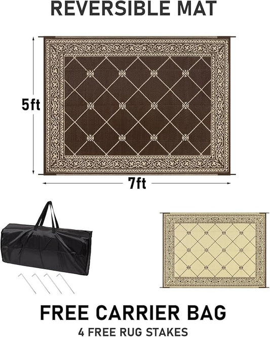 HiiARug Reversible Patio Floor Mat 5x8 Plastic Straw RV Camping Rug Reversible Large Mats for Outdoor, Patio, Backyard, Deck, Picnic, Beach, Trailer, Camping (Brown)