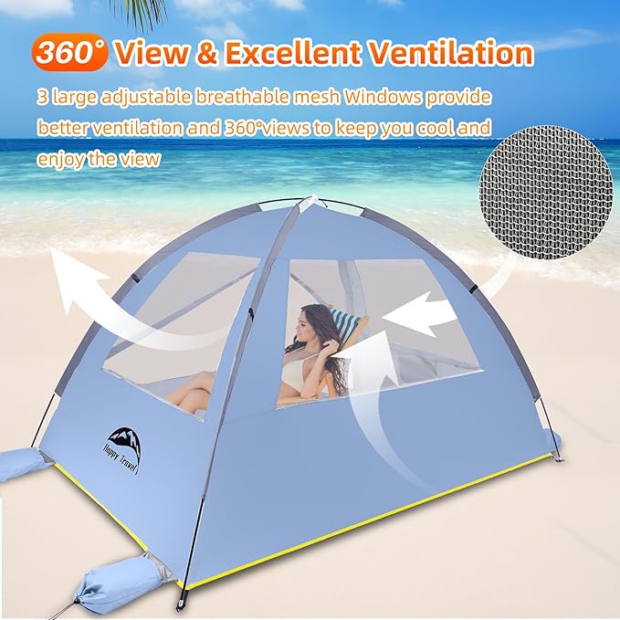 Happy Travel Beach Tent Sun Shelter for 3/4/5/6/7/8 Person, Portable UPF 50+ UV Protection Beach Shade Canopy for Family & Baby, Lightweight & Easy Setup Beach Cabana with 3 Ventilation Mesh Windows