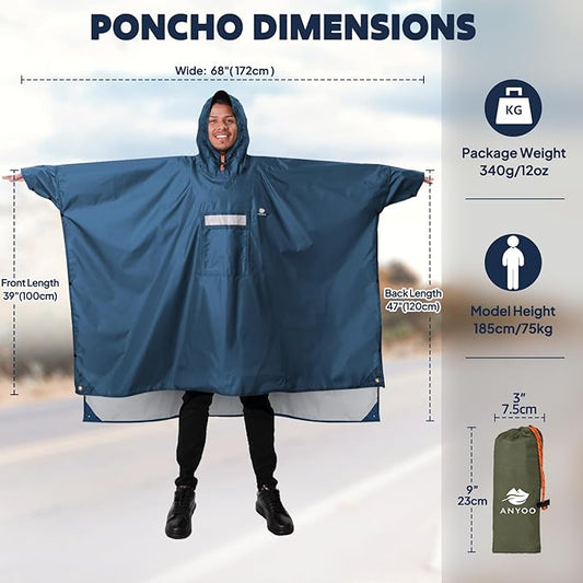 ANYOO Hooded Rain Poncho for Adults Waterproof Lightweight Rain Coat for Men Women Reusable Rain Jacket for Emergency Outdoor