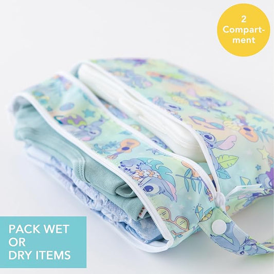 Bumkins Disney Waterproof Wet Dry Clutch Bag for Baby, Travel, Swim Suit, Cloth Diapers, Pump Parts, Pool, Gym Clothes, Toiletry, Strap to Stroller, Daycare, Zip Reusable Bag, Packing Pouch, Stitch