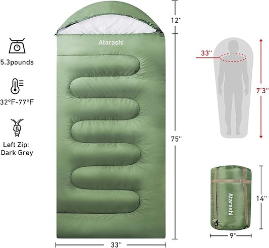 Atarashi Camping Sleeping Bag- 4 Seasons for Adults, Light, Warm, Extra-Large with Compression Sack- Great for Hiking, Backpacking & Outdoor Adventures