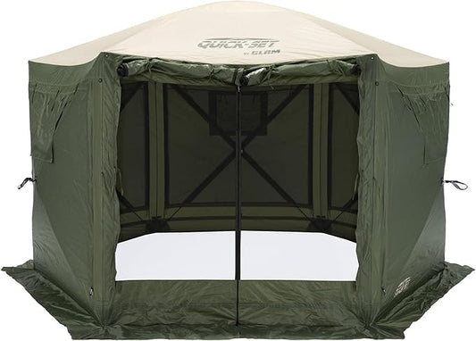 CLAM Pop Up Screen Tent, Outdoor Camping Gazebo Canopy, Pavilion, 12.5', Green/Tan