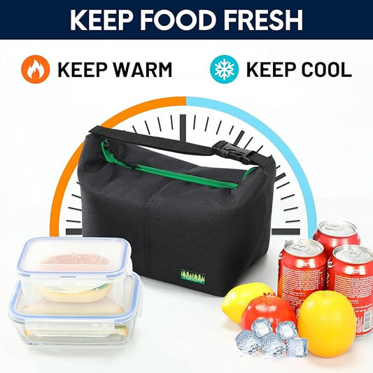 Haimont Small Insulated Lunch Bag for Women Men, Portable Lunch Tote Cooler with Buckle, Leakproof Reusable Lunchbox for Work Picnic Travel, Black