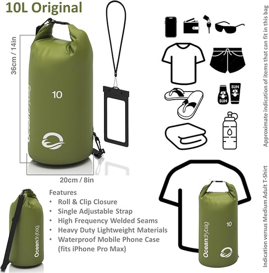 Oceandrybag - Waterproof Dry Bag Backpack - Floating Dry Sack Portable for Kayaking, Beach, Rafting, Boating, Hiking, Camping, Fishing with Waterproof Phone Case