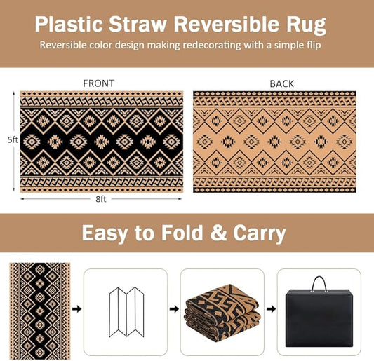LILIOFFIC Outdoor Rugs - Reversible Mats, 5'x8' Plastic Straw Rug for Patio Clearance Waterproof, Indoor Outdoor Area Rug Carpet for Outside, RV, Deck, Picnic, Beach, Trailer, Camping, Black & Brown