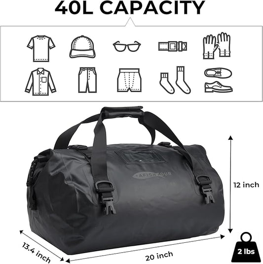 40L Waterproof Motorcycle Duffel Bag - Motorcycle Luggage Tail Bag with Straps for Back Seat - Roll Top Dry Bag for Kayaking, Rafting, Boating, Camping, Travel, Beach (Black)