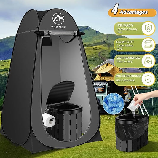 Portable Toilet Kit, Camping Toilet with Pop-Up Privacy Tent and Poo Gel Toilet Bags, Washable Portable Outdoor Showers Changing Rooms