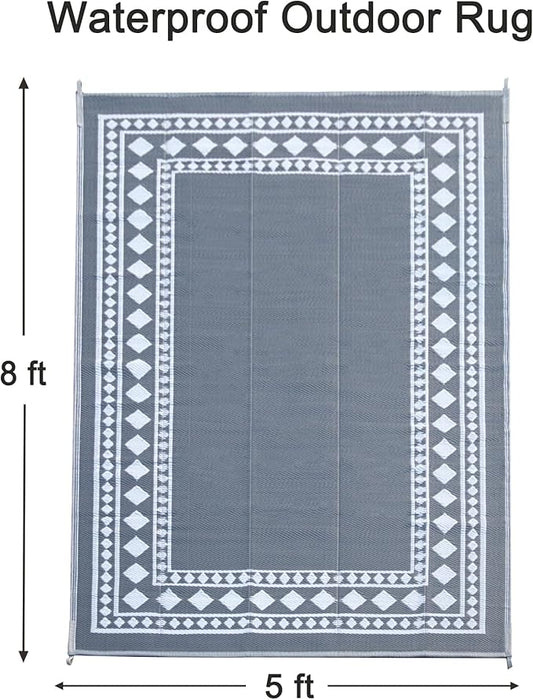 RURALITY Outdoor Rugs 5x8 Waterproof for Patios Clearance,Plastic Straw Mats for Backyard,Porch,Deck,Balcony,Grey and White
