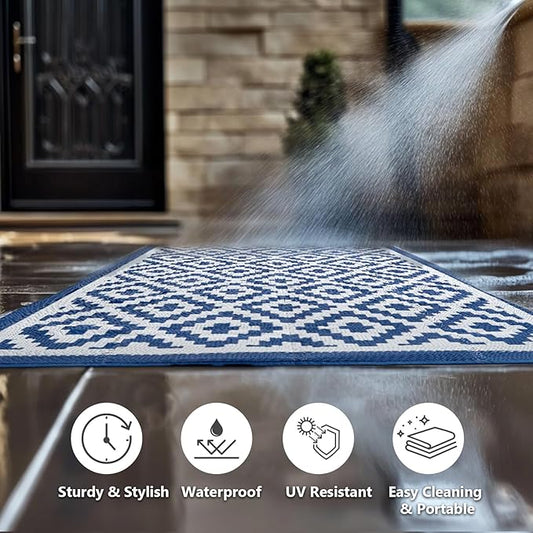 5x8 ft Outdoor Rug Waterproof, Plastic Straw Patio Carpet - UV Resistant Reversible Indoor Outdoor Rugs for Porch, Camping, Poolside, RV, Balcony, Easy to Clean, Blue and White