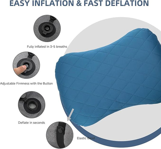 Inflatable Camping Pillow Ultralight Adjustable Firmness, TPU Travel Pillow for Neck & Lumbar Support, Hiking, Backpacking, Airplane, Car Travel & Beach with Removable Washable Cover (Blue)