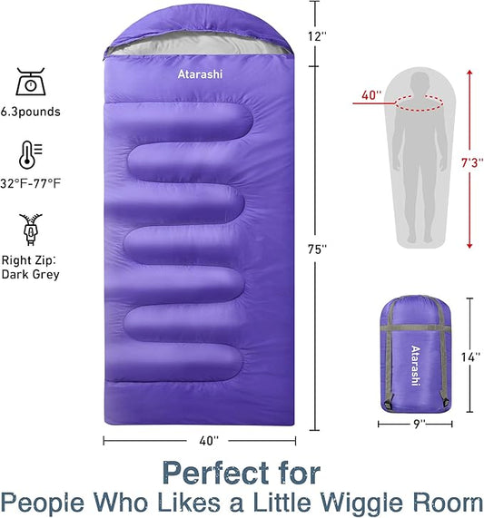 Atarashi Camping Sleeping Bag- 4 Seasons for Adults, Light, Warm, Extra-Large with Compression Sack- Great for Hiking, Backpacking & Outdoor Adventures
