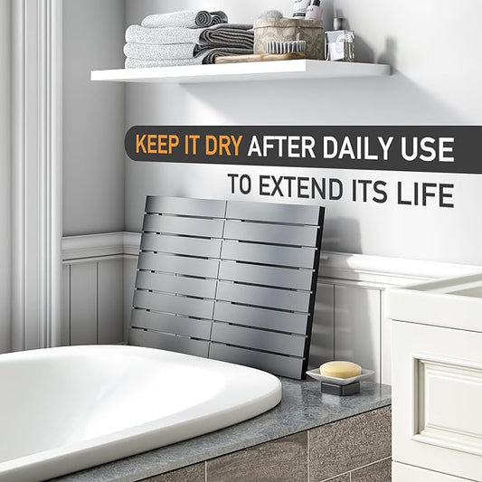 Waterproof Bamboo Bath Mat for Shower, Foldable | Non-Slip | Heavy Duty, Wooden Bath Mat, Floor Mat and Doormat for Indoor Outdoor (Black, 23.5 x 15.6IN)